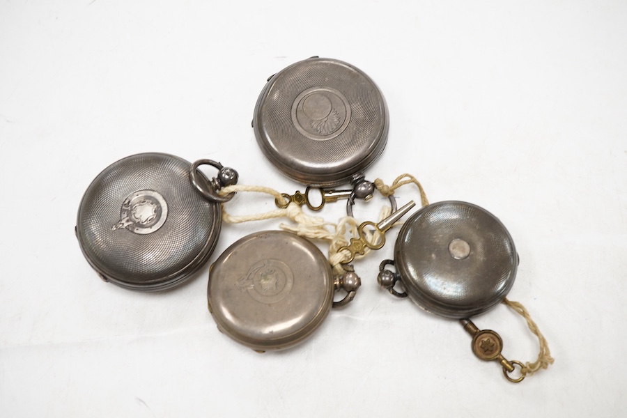 A Victorian silver open faced pocket watch by John Pill, London, two white metal fob watches and a Swiss 935 standard hunter pocket watch